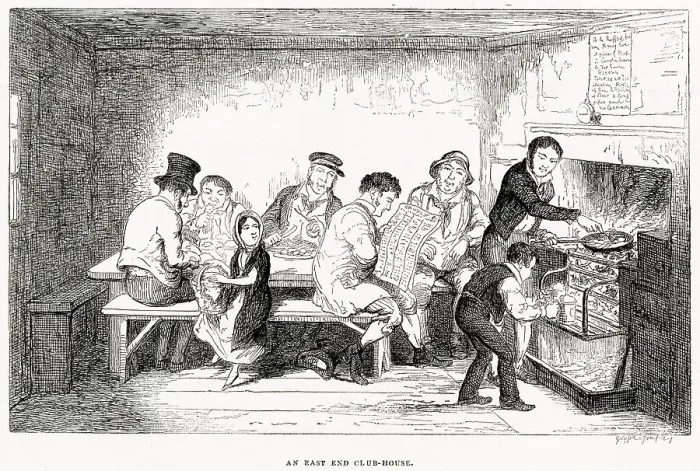 Framed Print : Christmas-Eve dinner time in the East End club-house, where everyone brought their own dinner to cook themselves, over the community oven with one frying-pan Framed Print : Christmas-Eve dinner time in the East End club-house, where everyone brought their own dinner to cook themselves, over the community oven with one frying-pan
