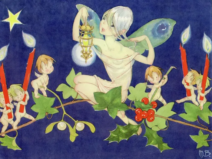 Framed Print : Christmas Fairy and Cupids carrying candles, mistletoe Framed Print : Christmas Fairy and Cupids carrying candles, mistletoe