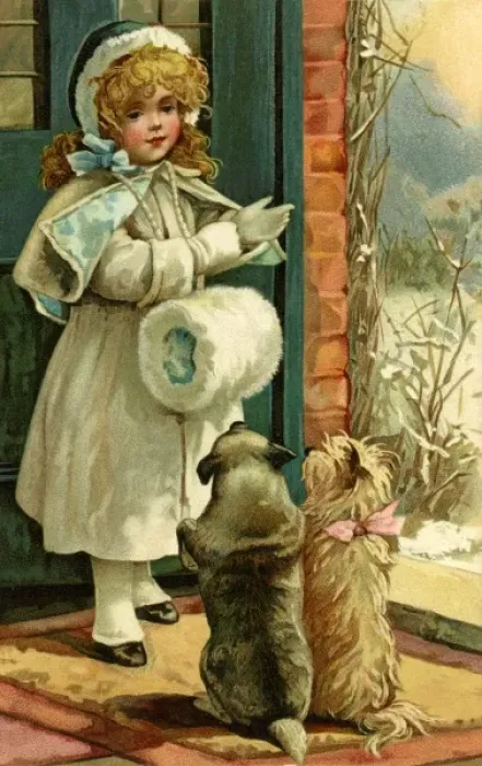 Framed Print : Christmas. A girl and her obedient dogs Framed Print : Christmas. A girl and her obedient dogs