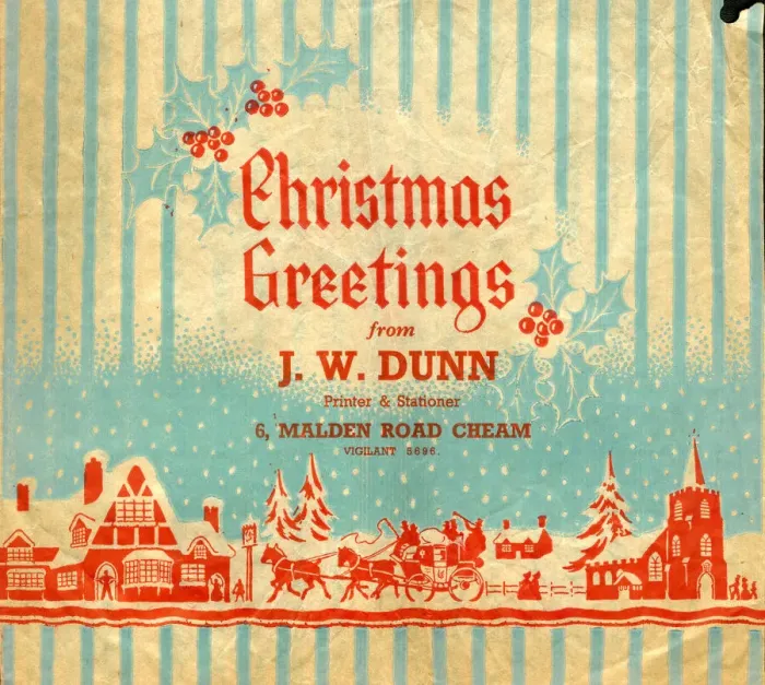 Framed Print : Christmas Greetings paper bag, J W Dunn of Cheam Framed Print : Christmas Greetings paper bag, J W Dunn of Cheam