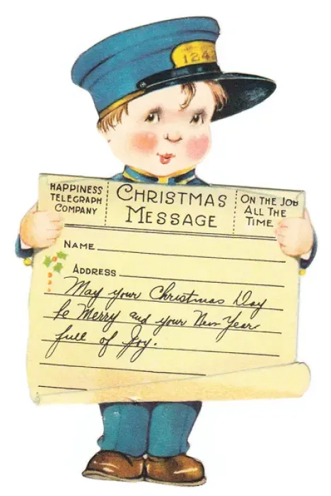 Framed Print : Christmas and New Year card in shape of telegraph boy Framed Print : Christmas and New Year card in shape of telegraph boy