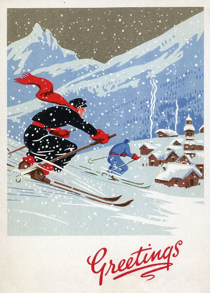Christmas and New Year Greetings Card - Skiing Date: 1946