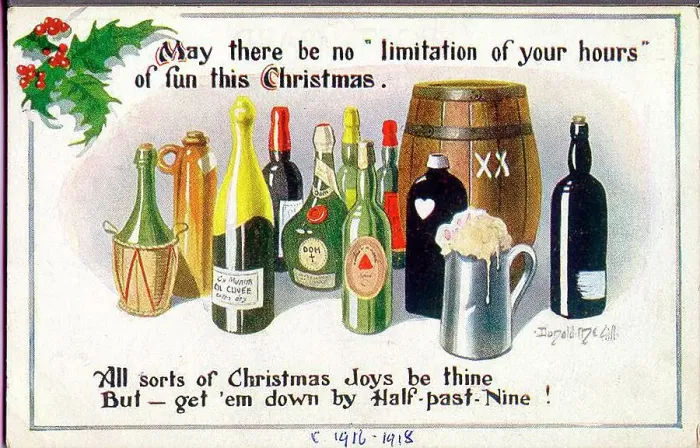 Framed Print : Christmas postcard, bottles, barrel and tankard, with a reminder to drink up by half past nine, due to wartime restrictions. Date: circa 1916-1918 Framed Print : Christmas postcard, bottles, barrel and tankard, with a reminder to drink up by half past nine, due to wartime restrictions. Date: circa 1916-1918