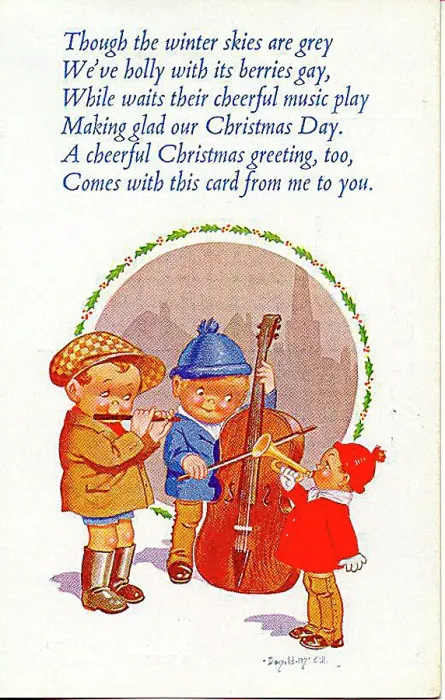  : Christmas postcard, Three boys playing musical instruments in the snow Date: 20th century