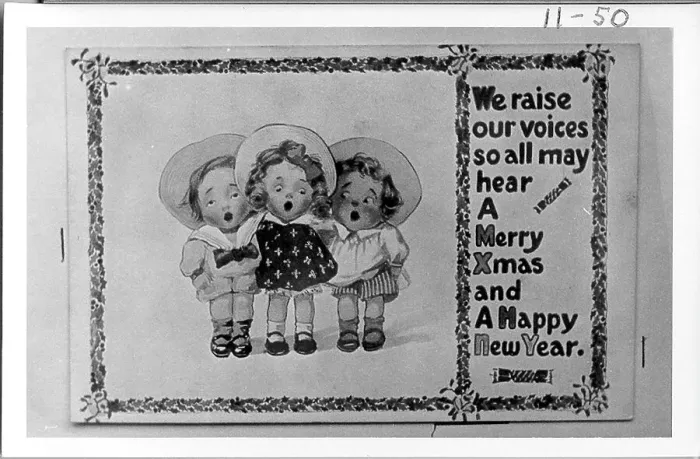 Framed Print : Christmas postcard with carol singers and verse Date: early 20th century Framed Print : Christmas postcard with carol singers and verse Date: early 20th century