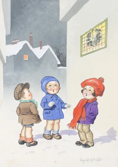 Framed Print : Christmas postcard, Three children carol singing in the street Date: 20th century Framed Print : Christmas postcard, Three children carol singing in the street Date: 20th century