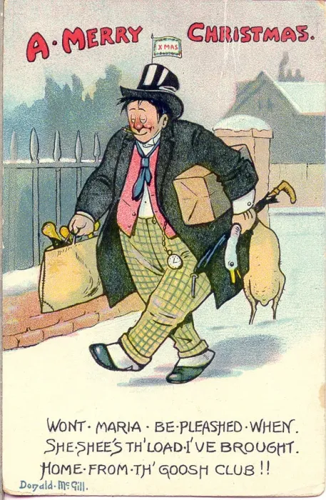 Framed Print : Christmas postcard, Drunken man going home with goodies from the Goose Club Date Framed Print : Christmas postcard, Drunken man going home with goodies from the Goose Club Date