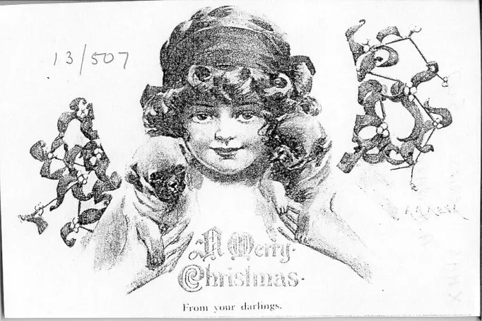 Framed Print : Christmas postcard, Girl with mistletoe and puppies - From your darlings. Date: early 20th century Framed Print : Christmas postcard, Girl with mistletoe and puppies - From your darlings. Date: early 20th century