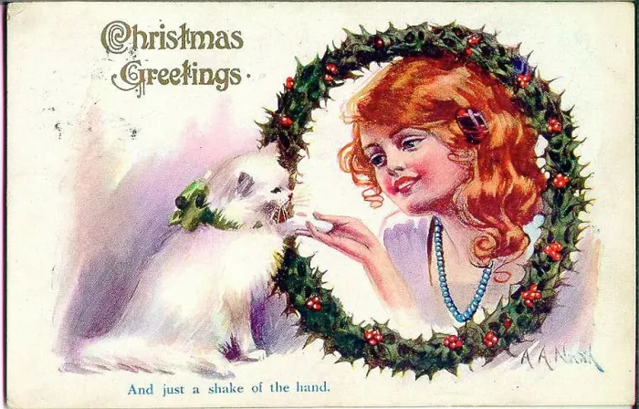 Framed Print : Christmas postcard, Girl and white cat - And just a shake of the hand. Date: early 20th century Framed Print : Christmas postcard, Girl and white cat - And just a shake of the hand. Date: early 20th century