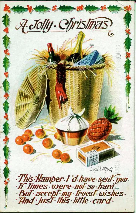 Framed Print : Christmas postcard, hamper of food and drink Date: early 20th century Framed Print : Christmas postcard, hamper of food and drink Date: early 20th century