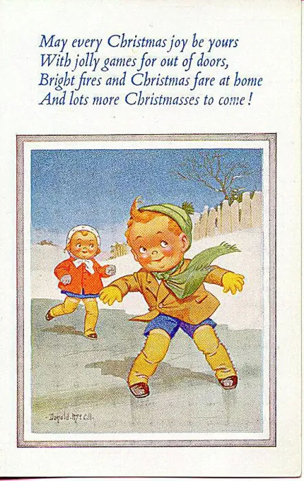 : Christmas postcard, Happy girl and boy ice skating Date: 20th century : Christmas postcard, Happy girl and boy ice skating Date: 20th century