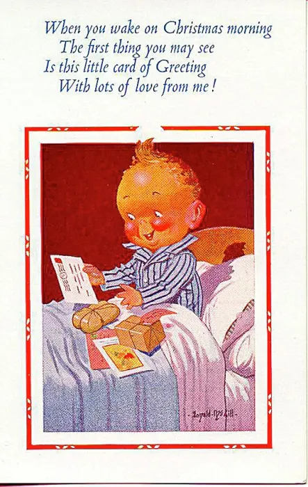 : Christmas postcard, Little boy in bed on Christmas morning - cards and presents Date: 20th century