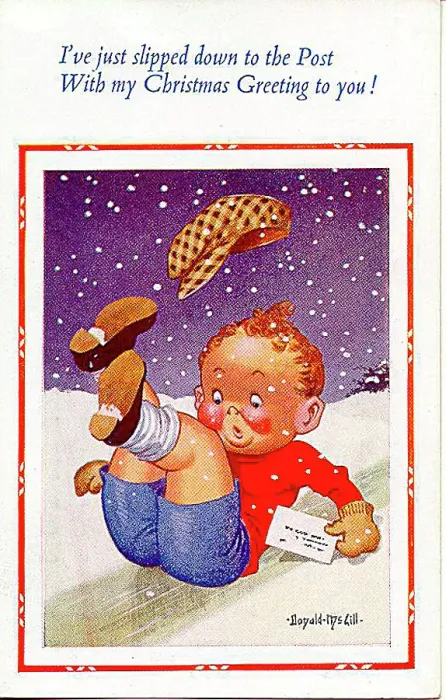  : Christmas postcard, Little boy slipping in the snow Date: 20th century
