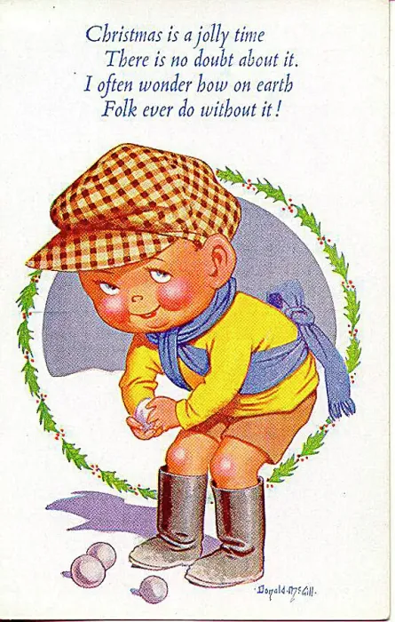 : Christmas postcard, Little boy with snowballs Date: 20th century : Christmas postcard, Little boy with snowballs Date: 20th century