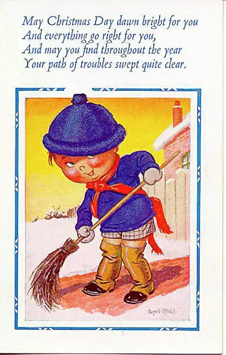 : Christmas postcard, Little boy sweeping away the snow Date: 20th century : Christmas postcard, Little boy sweeping away the snow Date: 20th century