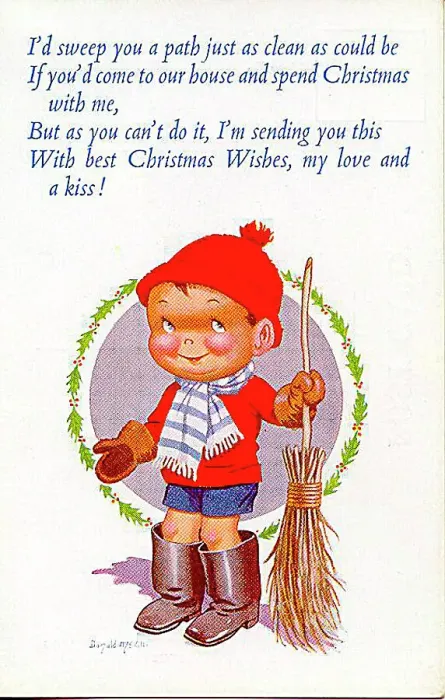 : Christmas postcard, Little boy with sweeping brush Date: 20th century : Christmas postcard, Little boy with sweeping brush Date: 20th century