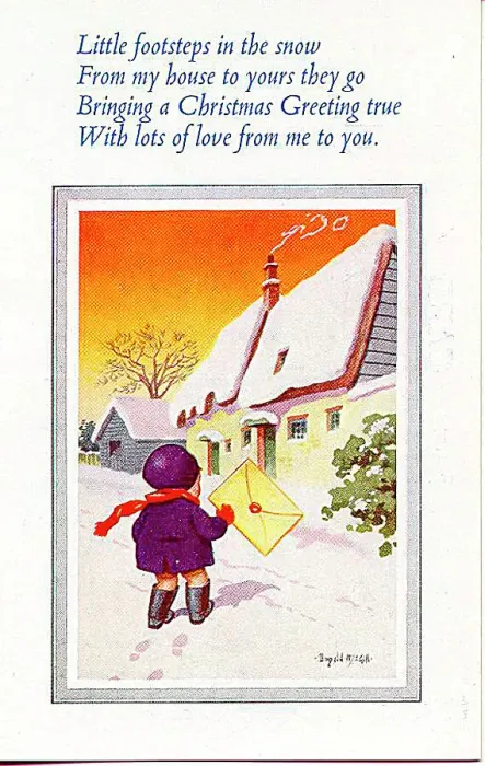 : Christmas postcard, Little child goes to post a card Date: 20th century : Christmas postcard, Little child goes to post a card Date: 20th century