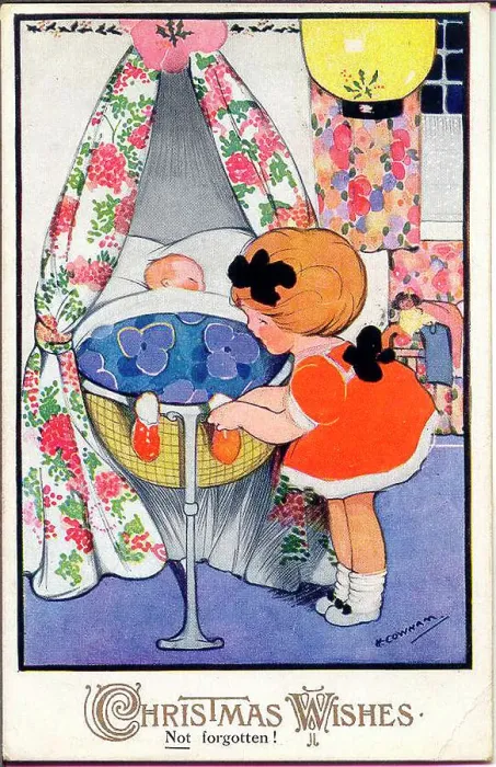 Framed Print : Christmas postcard, little girl and baby - Not forgotten! Date: circa 1930s