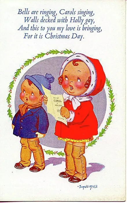 : Christmas postcard, Little girl and boy carol singing Date: 20th century : Christmas postcard, Little girl and boy carol singing Date: 20th century