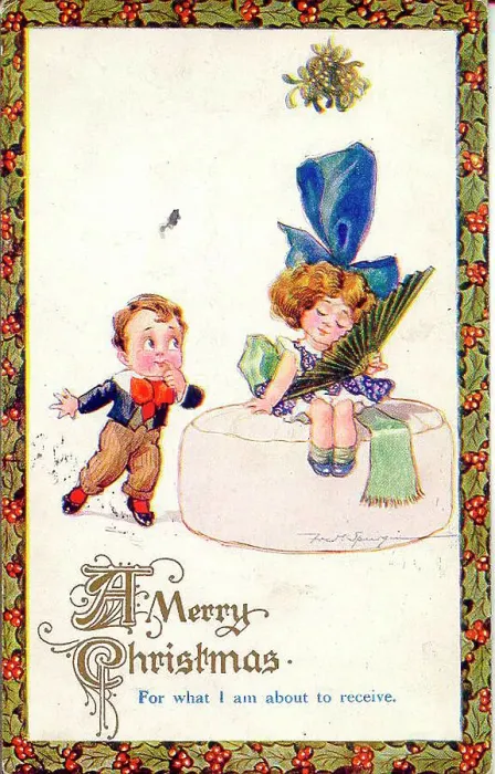 Framed Print : Christmas postcard, Little girl and boy under mistletoe Framed Print : Christmas postcard, Little girl and boy under mistletoe