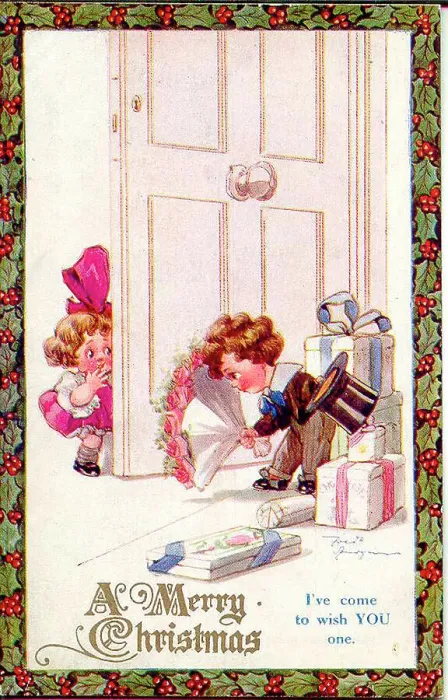 Framed Print : Christmas postcard, Little girl and boy with presents and flowers - I've come to wish YOU one Date: early 20th century Framed Print : Christmas postcard, Little girl and boy with presents and flowers - I've come to wish YOU one Date: early 20th century
