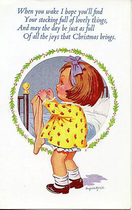 : Christmas postcard, Little girl hanging up stocking Date: 20th century : Christmas postcard, Little girl hanging up stocking Date: 20th century