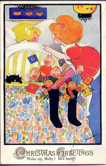 Framed Print : Christmas postcard, two little girls - Wake up, Molly! he's been! Date: circa 1930s Framed Print : Christmas postcard, two little girls - Wake up, Molly! he's been! Date: circa 1930s
