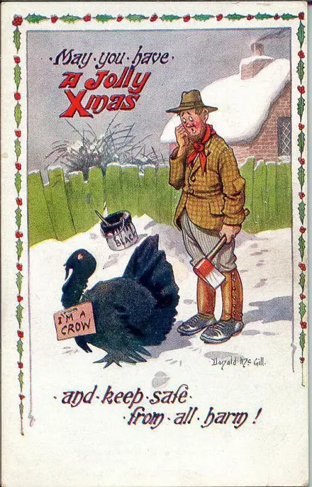Framed Print : Christmas postcard, Man confused by a turkey who claims to be a crow. Date: 20th century