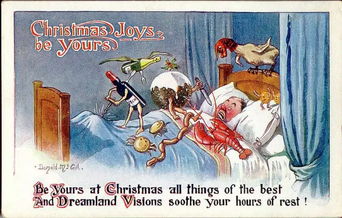 Framed Print : Christmas postcard, Man having a nightmare about food. Date: 20th century Framed Print : Christmas postcard, Man having a nightmare about food. Date: 20th century