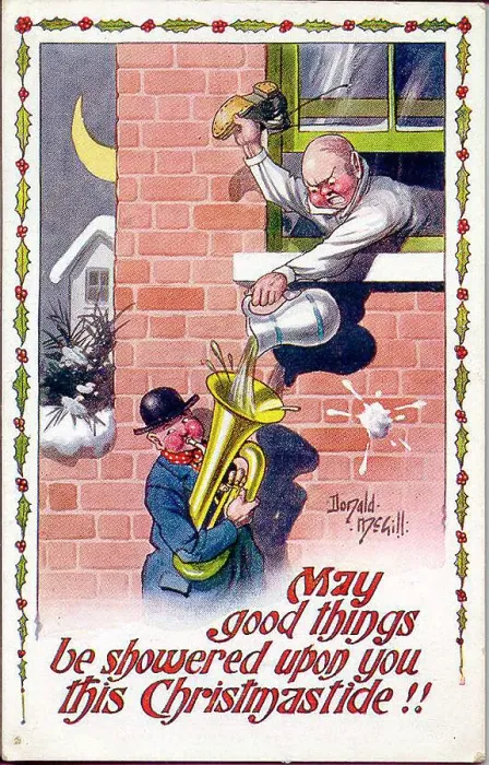 Framed Print : Christmas postcard, Man silences tuba player. Date: 20th century Framed Print : Christmas postcard, Man silences tuba player. Date: 20th century