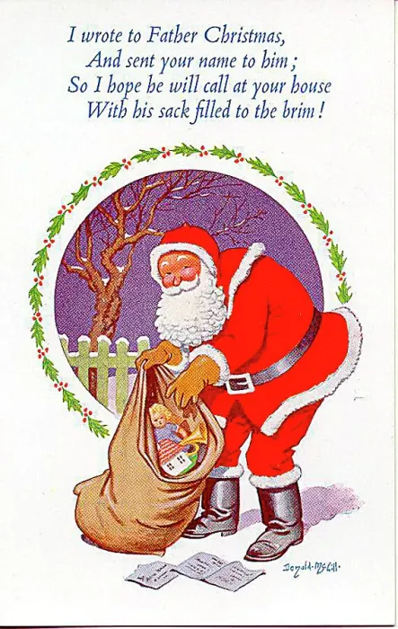 : Christmas postcard, Santa Claus with sack of presents Date: 20th century : Christmas postcard, Santa Claus with sack of presents Date: 20th century