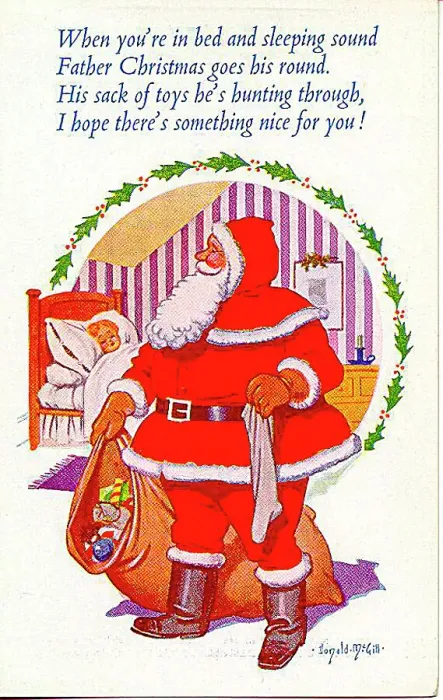 : Christmas postcard, Santa Claus with sack of toys Date: 20th century : Christmas postcard, Santa Claus with sack of toys Date: 20th century