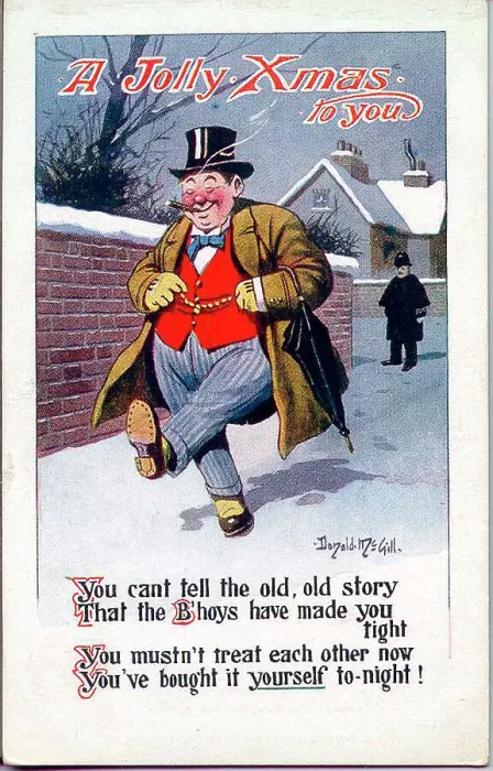 Framed Print : Christmas postcard, Tipsy man walking home, watched by a policeman. Date: 20th century Framed Print : Christmas postcard, Tipsy man walking home, watched by a policeman. Date: 20th century