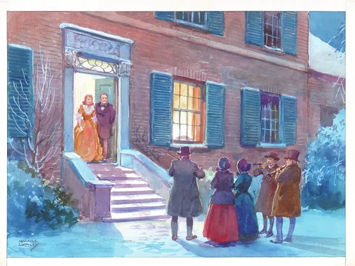 Framed Print : Christmas scene Carol Singers card design England Framed Print : Christmas scene Carol Singers card design England