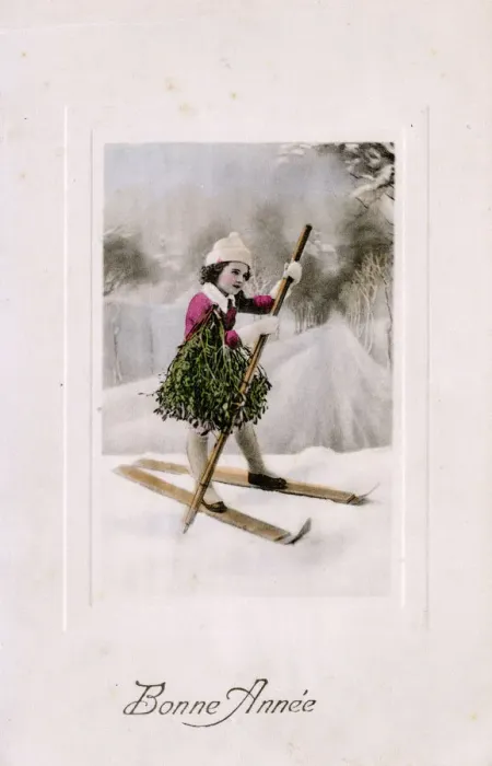 Framed Print : Christmas, Winter - Young girl on Skis brings home Mistletoe Framed Print : Christmas, Winter - Young girl on Skis brings home Mistletoe