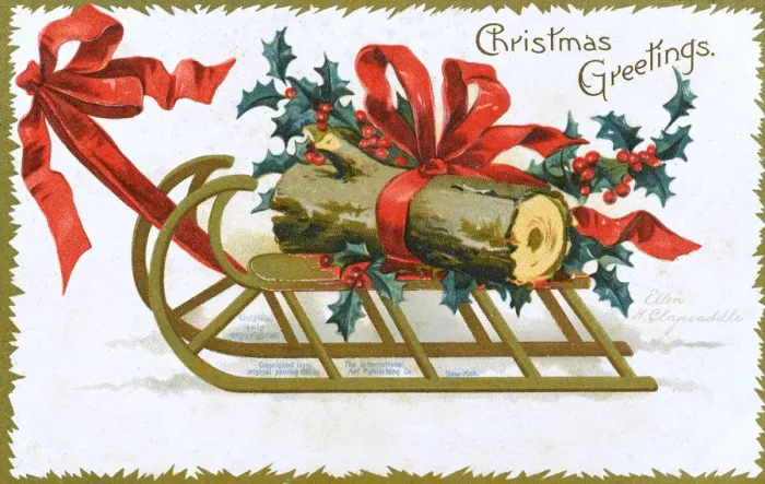 Framed Print : Christmas Yule Log being pulled along atop a wooden frame Framed Print : Christmas Yule Log being pulled along atop a wooden frame