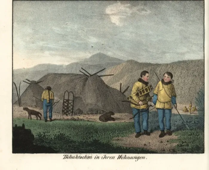 Framed Print : Chukchi hunters with bow, arrows, spears and hunting dogs Framed Print : Chukchi hunters with bow, arrows, spears and hunting dogs