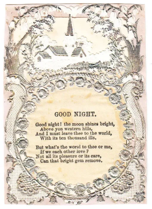 Framed Print : Church with Good Night verse on a paper lace greetings card Framed Print : Church with Good Night verse on a paper lace greetings card