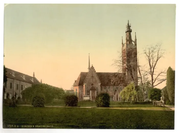 Framed Print : Church and Grey House, park of Worlitz, Anhalt, Germany Framed Print : Church and Grey House, park of Worlitz, Anhalt, Germany