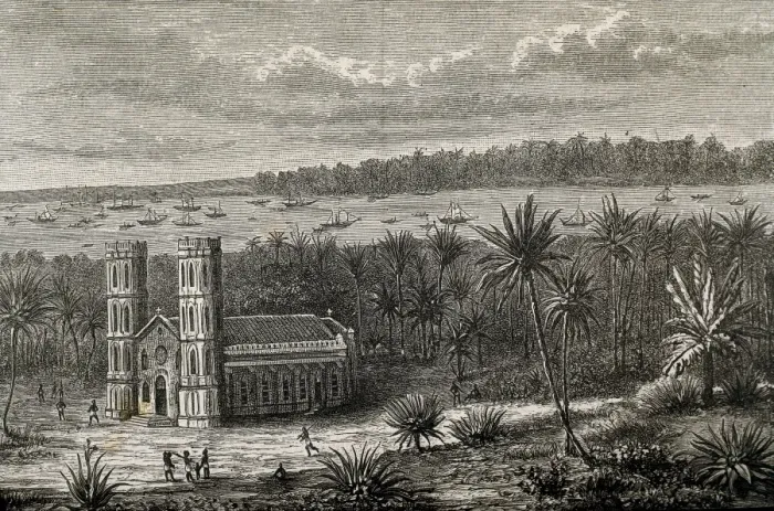 Framed Print : Church and harbour of the Gulf of Benin in 1882 Framed Print : Church and harbour of the Gulf of Benin in 1882