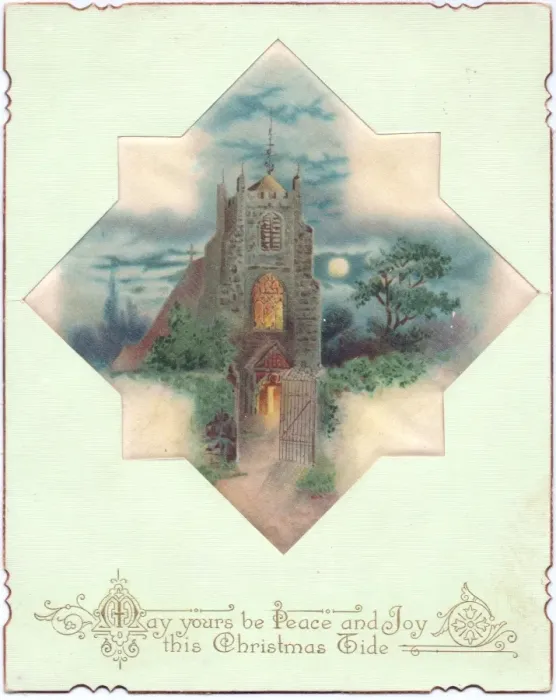 Framed Print : Church in moonlight on a fabric Christmas card Framed Print : Church in moonlight on a fabric Christmas card