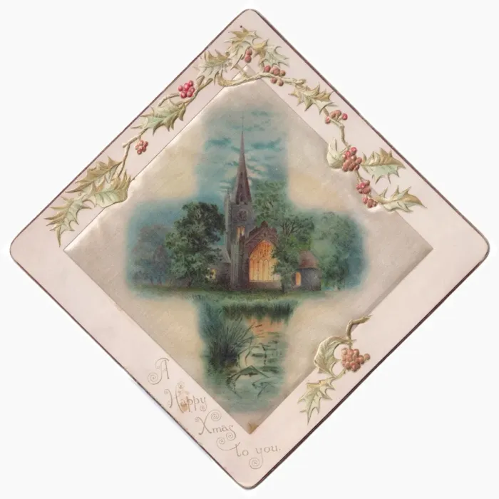 Framed Print : Church in moonlight on a fabric Christmas card Framed Print : Church in moonlight on a fabric Christmas card