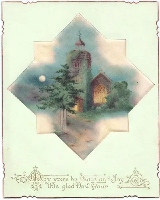 Framed Print : Church in moonlight on a fabric New Year card Framed Print : Church in moonlight on a fabric New Year card