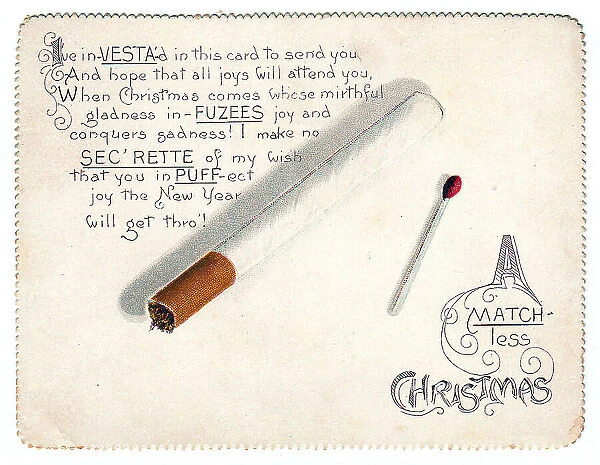 Cigarette and match with comic verse on a Christmas card