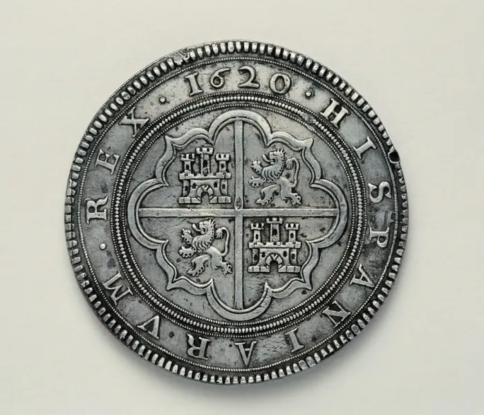 Framed Print : CincuentѮor fifty reales coin minted in Segovia in times o Framed Print : CincuentѮor fifty reales coin minted in Segovia in times o