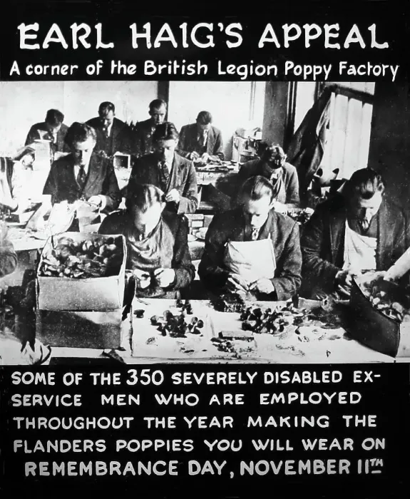 Framed Print : Cinema advertisment: Disabled ex-servicemen making poppies