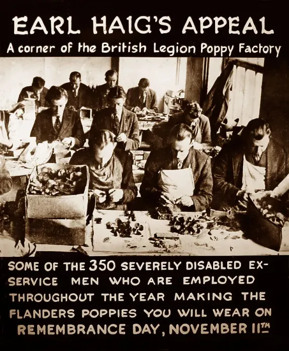 Framed Print : Cinema advertisment: Disabled ex-servicemen making poppies Framed Print : Cinema advertisment: Disabled ex-servicemen making poppies
