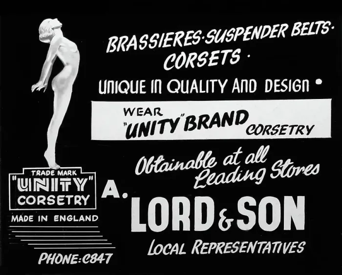 Framed Print : Cinema advertisement for Unity Brand corsetry, early 1900s Framed Print : Cinema advertisement for Unity Brand corsetry, early 1900s