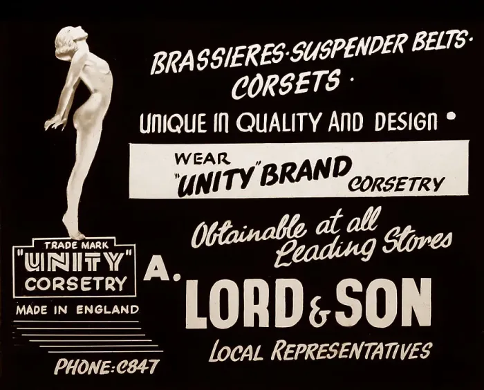 Framed Print : Cinema advertisement for Unity Brand corsetry, early 1900s Framed Print : Cinema advertisement for Unity Brand corsetry, early 1900s