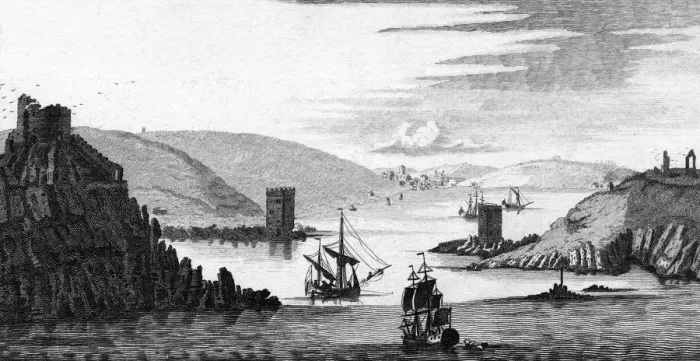 Framed Print : FOWEY. The harbour and Castle of Fowey, in Cornwall. Date: circa 1750 Framed Print : FOWEY. The harbour and Castle of Fowey, in Cornwall. Date: circa 1750